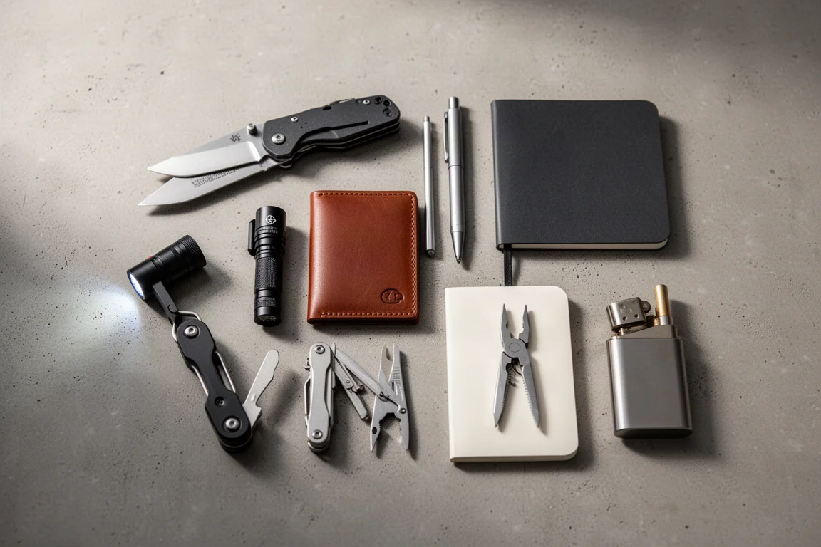Everyday carry disposto in orizzontale con coltello, torcia, portafoglio, penna, portachiavi, multi-tool, taccuino e accendino
