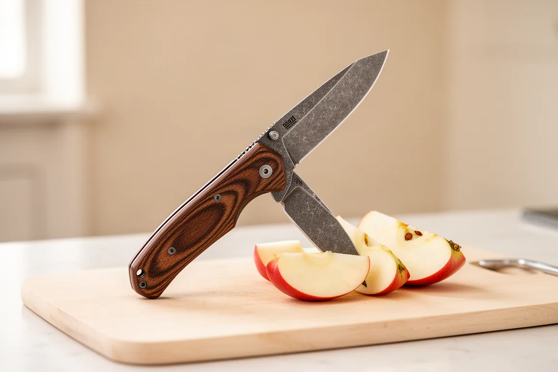 Una navaja con mango de Micarta sostenida abierta sobre una tabla de cortar en una escena de cocina