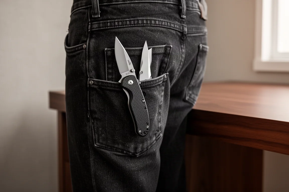 Ein Taschenmesser, an einer Jeanshosentasche befestigt, auf einem Holzschreibtisch