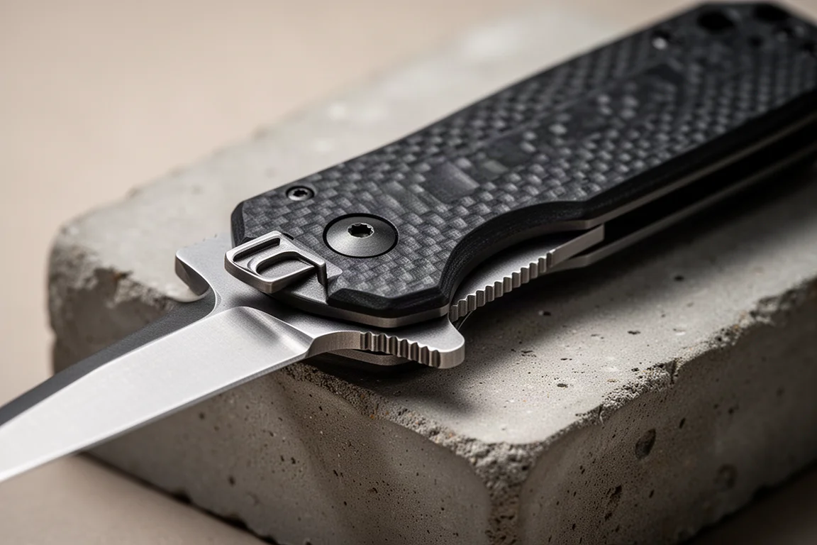 Nahaufnahme eines Flipper-Tabs mit griffigem G10-Griff-Detail