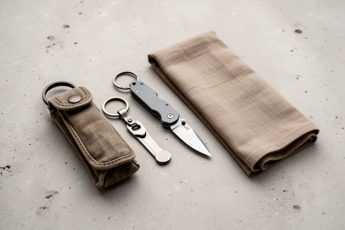 Ein kompaktes Taschenmesser neben Alltagsgegenständen auf einer ebenen Fläche
