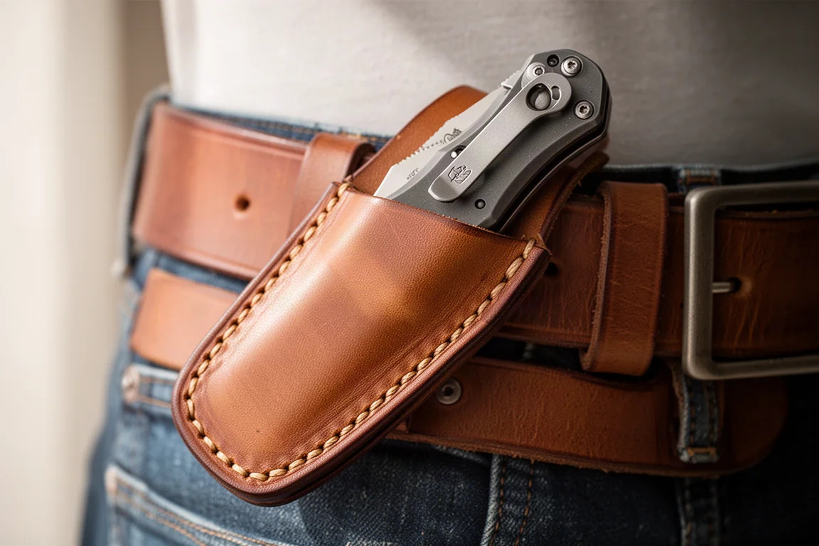Funda de cuero con una multiherramienta plegable en un cinturón, detalle de cerca