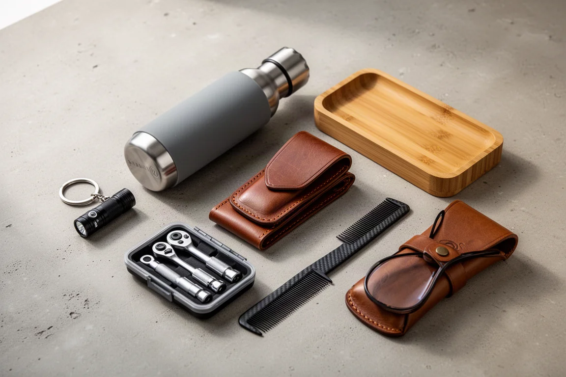 Composizione flat-lay di gear da everyday carry con torcia, borraccia, fodero in cuoio, vassoio, pettine, set di utensili e custodia per occhiali su cemento