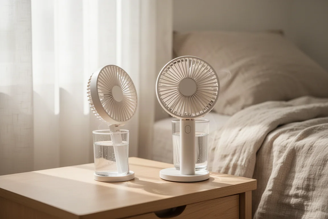 Ventilateur de poche compact sur une table de chevet par une chaude journée d'été