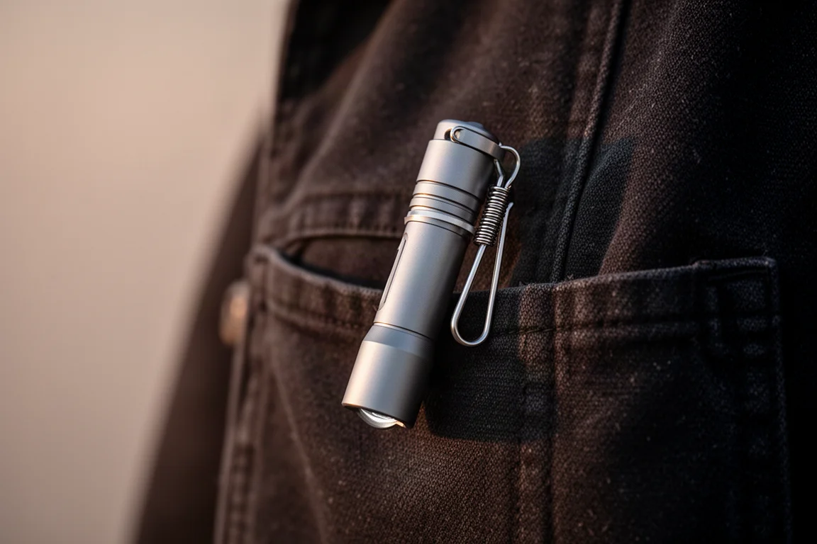 Lampe de poche en aluminium accrochée au bord d'une poche de veste
