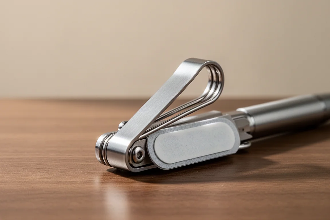Clip de poche en acier inoxydable fixé à un petit objet sur un bureau