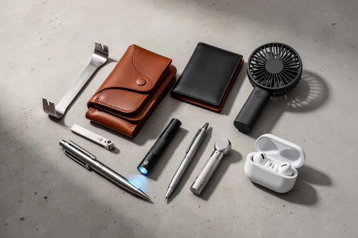 Composizione flat-lay di oggetti EDC compatti su una superficie di cemento
