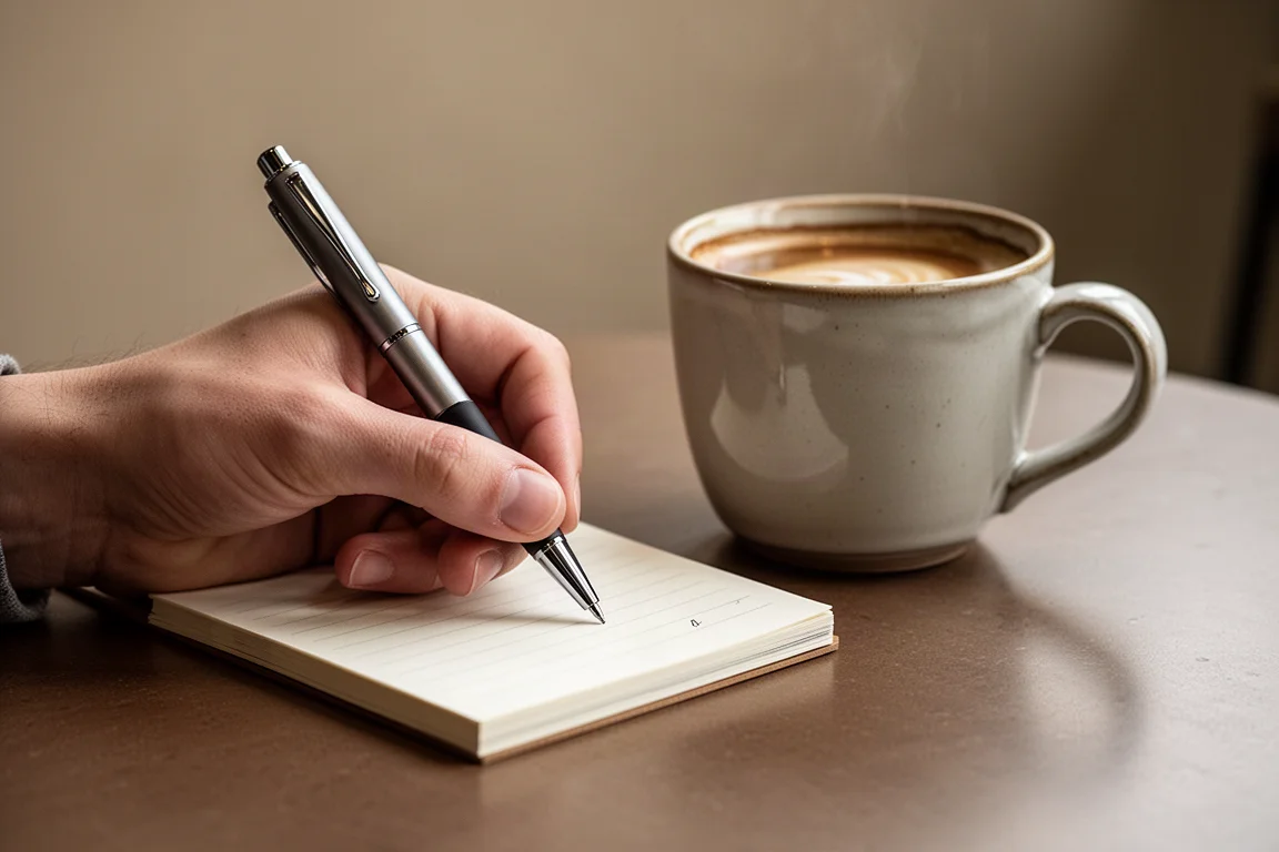 Persona escribiendo en una pequeña libreta con un bolígrafo junto a una taza de café