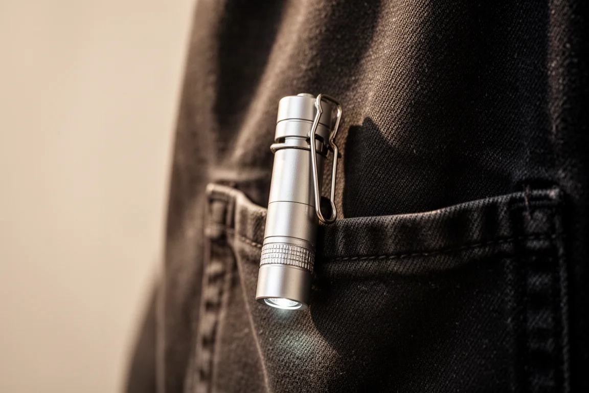 Linterna compacta sujeta con clip dentro del bolsillo de una chaqueta