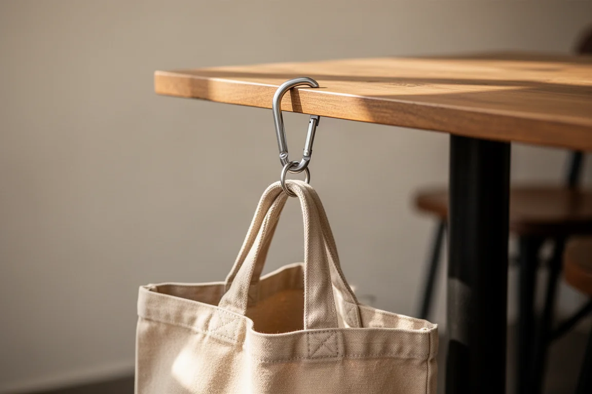 Pequeño mosquetón que sujeta un bolso al borde de una mesa de café