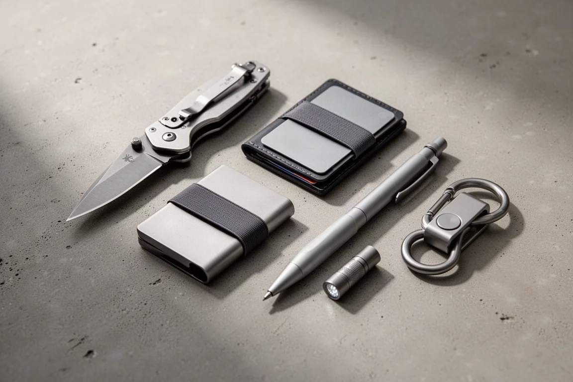 Flat-Lay von sechs Everyday-Carry-Gegenständen, darunter ein Messer, ein Portemonnaie, eine Taschenlampe, ein Stift und Schlüsselclips