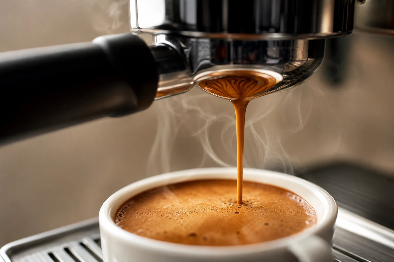 Espresso pouring into white cup with golden crema