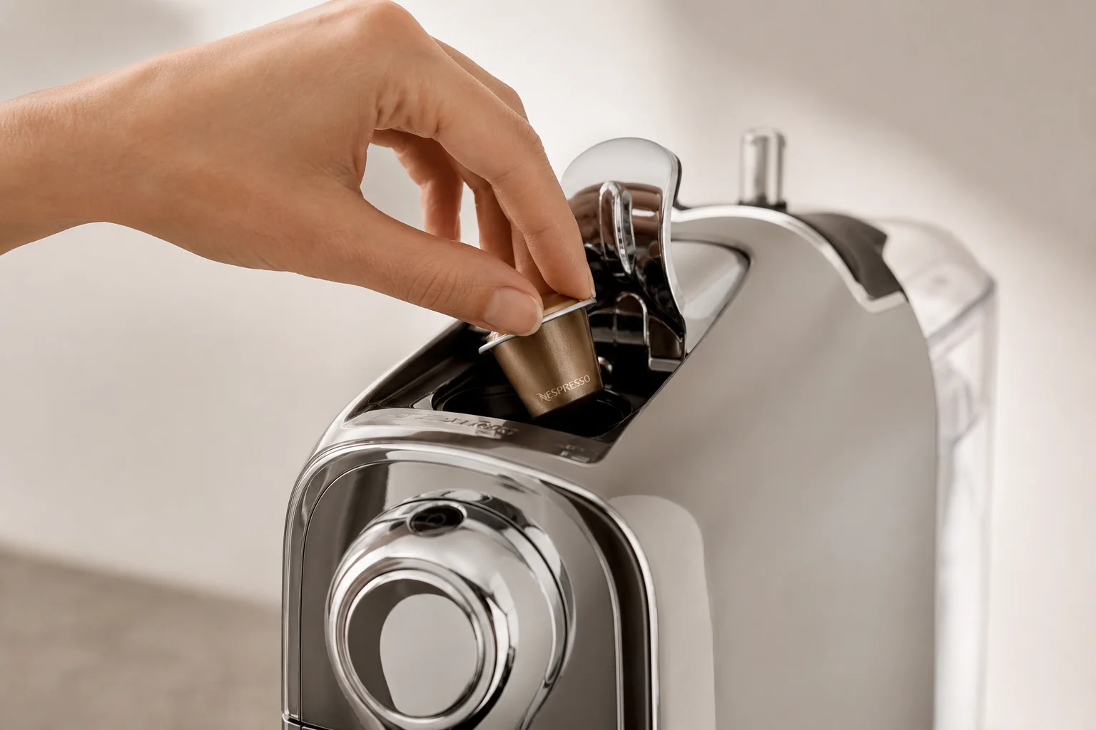 Nespresso capsule being inserted into modern espresso machine
