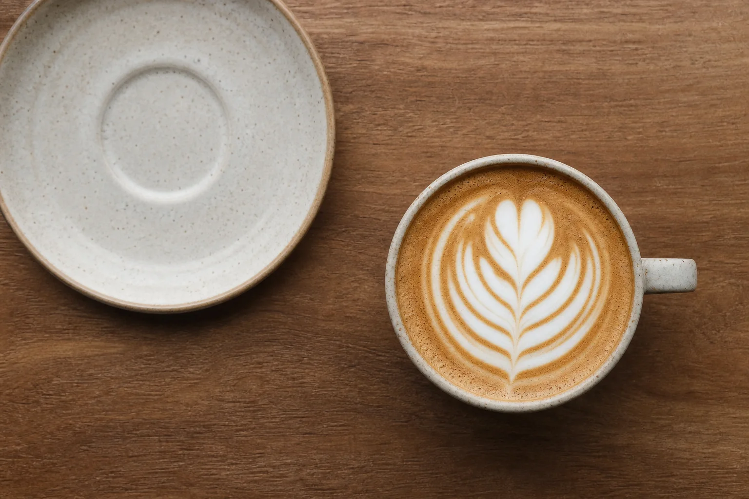 Finished cappuccino with latte art in ceramic cup on wooden surface