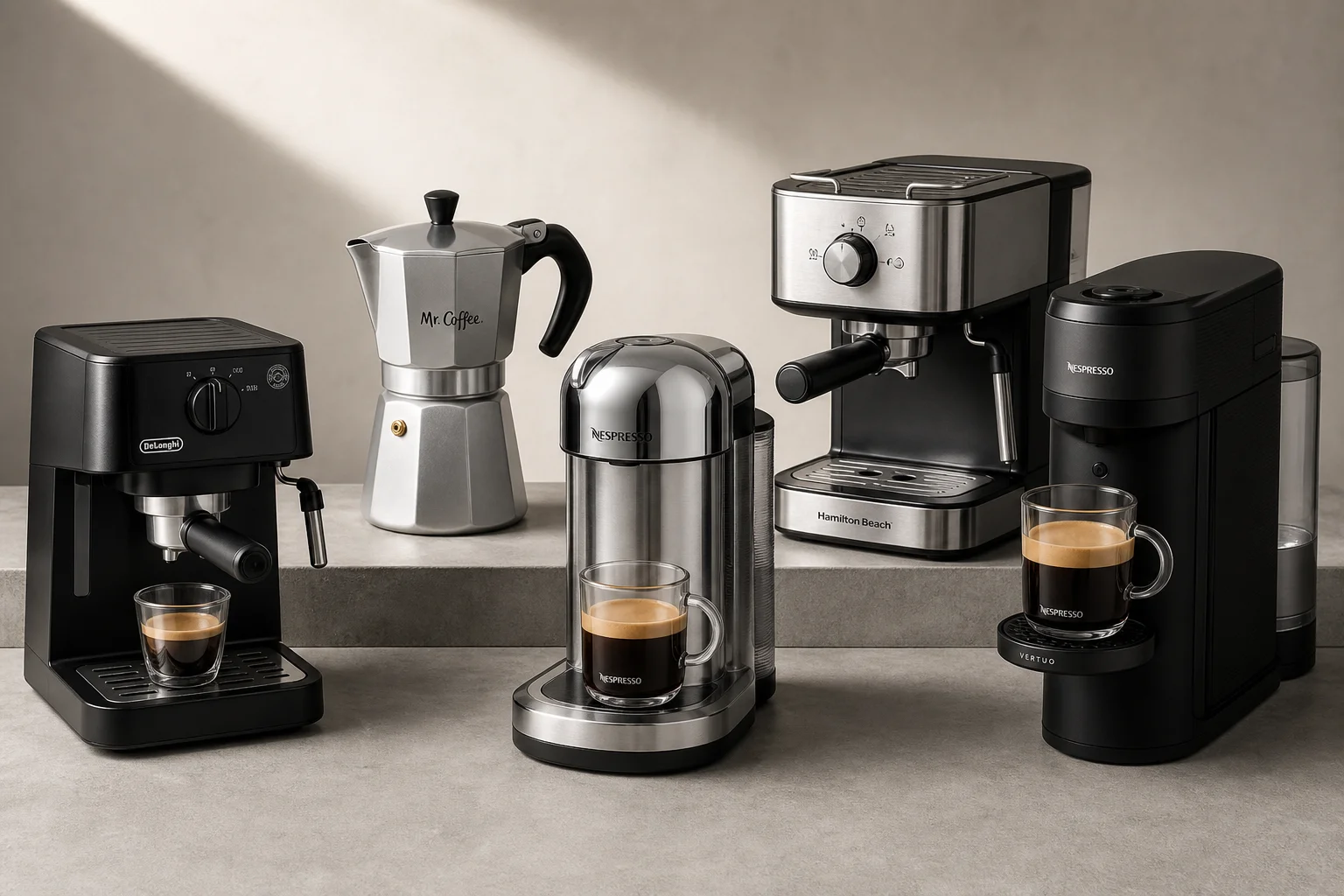 Five budget espresso machines arranged on concrete surface