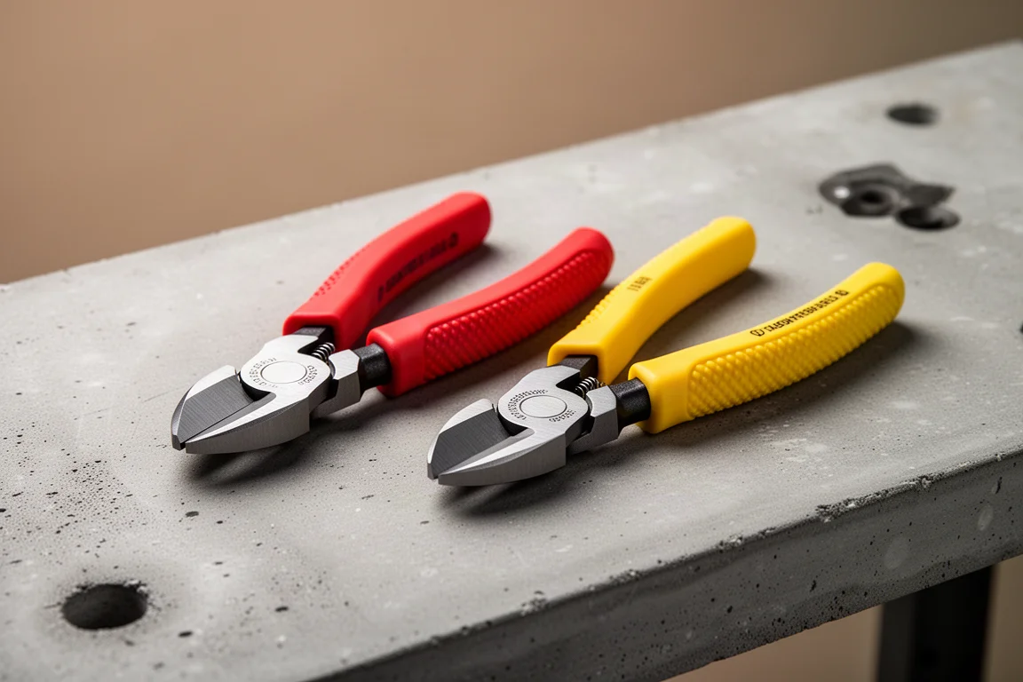 Twee compacte flush cut draadkniptangen naast elkaar op een betonnen werkbank