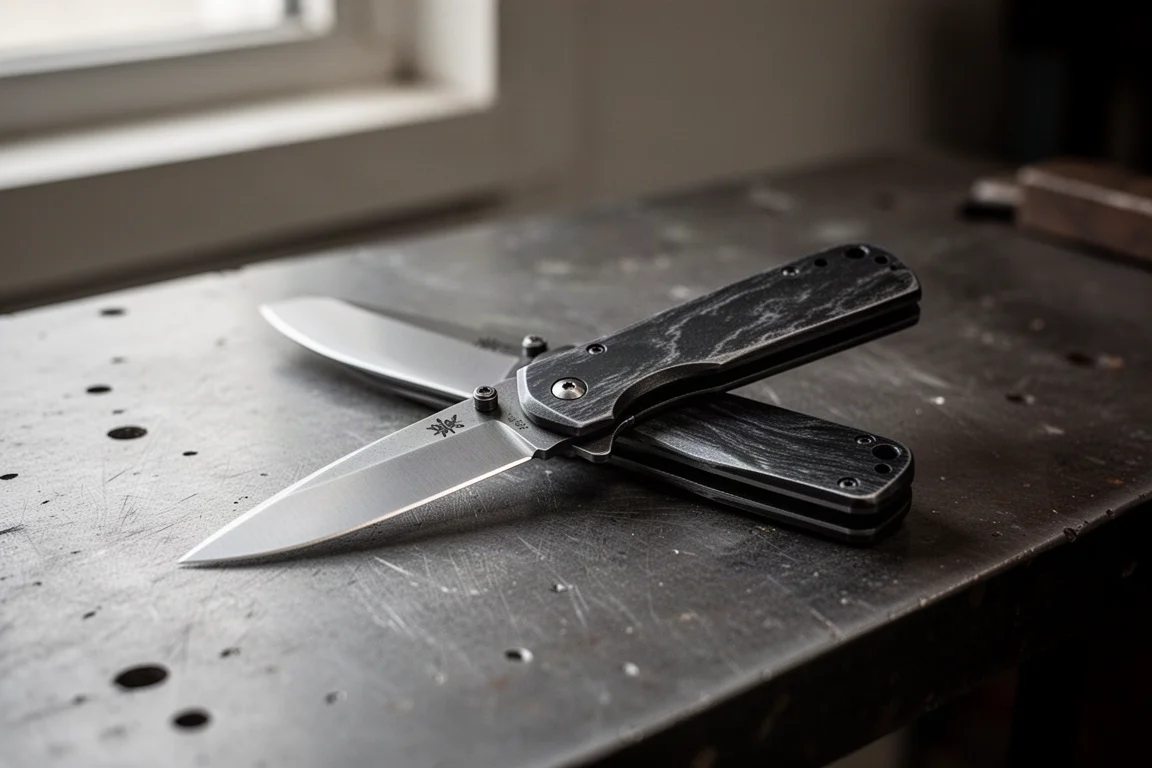 Un coltello pieghevole appoggiato su una bottega di legno consumata con luce naturale dalla finestra