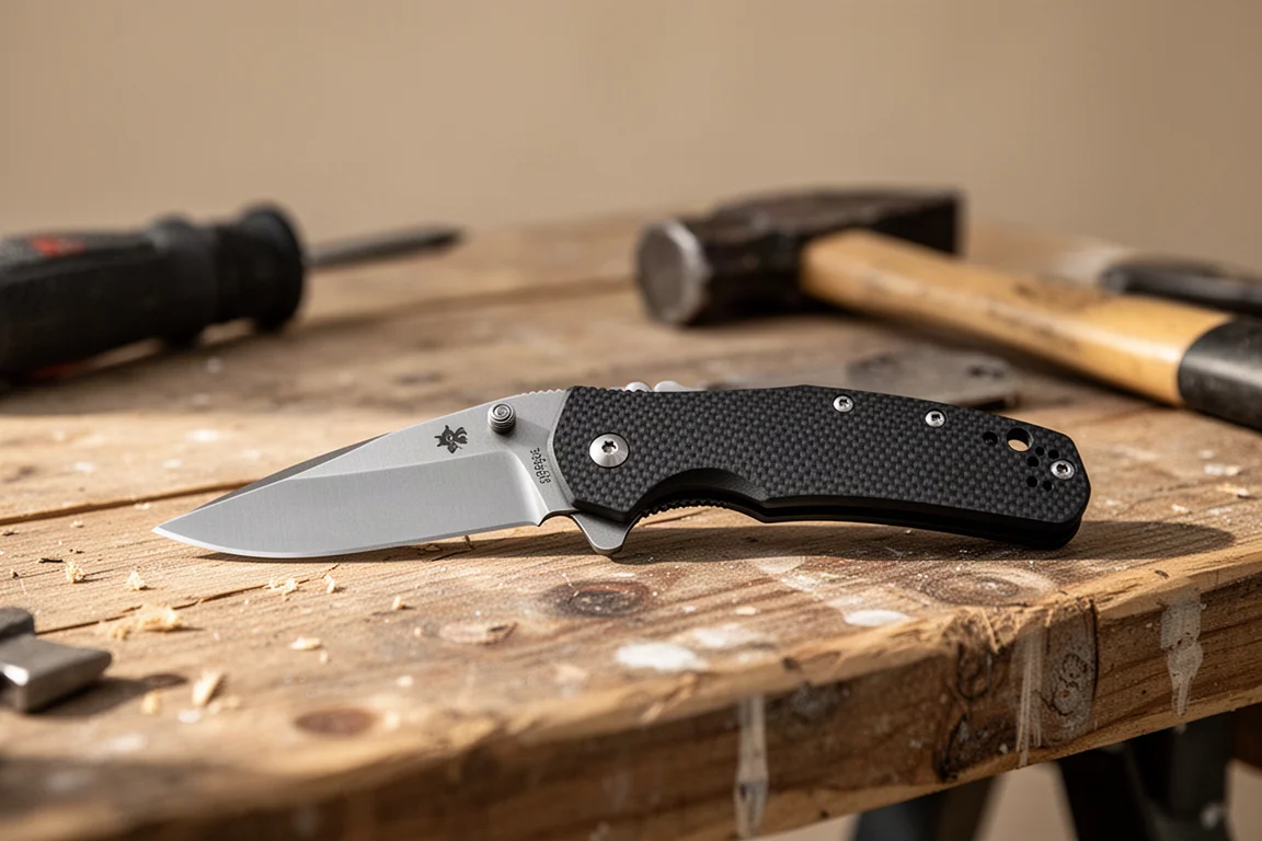 Dettaglio del tab flipper e jimping di un coltello sotto luce soffusa da studio
