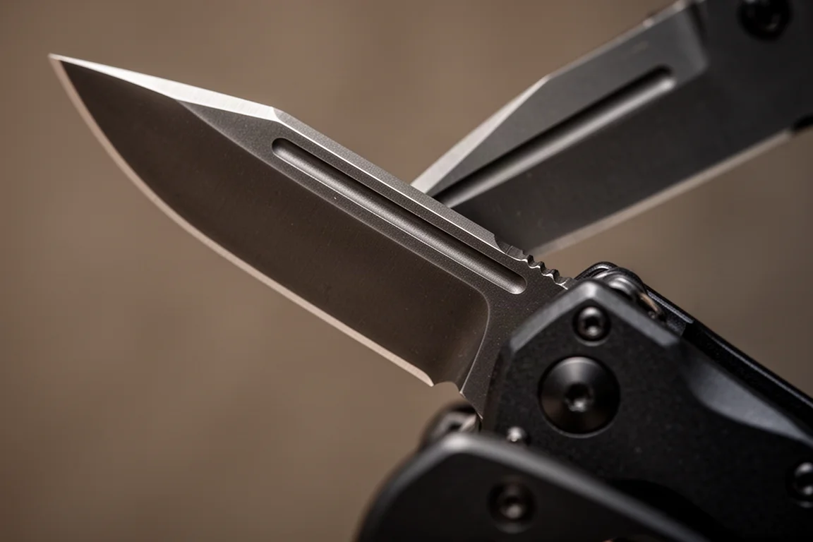 Persona che tiene un coltello pieghevole con manico in Micarta sopra una scrivania