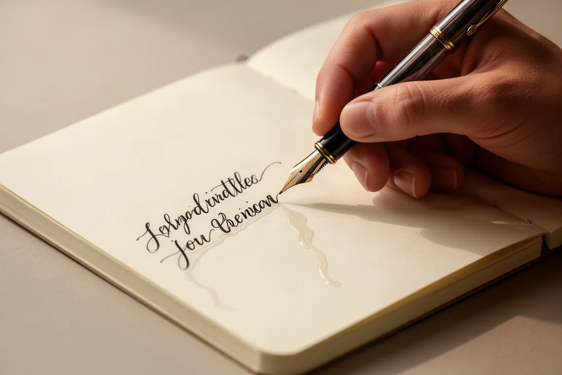 Écriture à la main avec un stylo-plume sur le papier d'un carnet à reliure souple