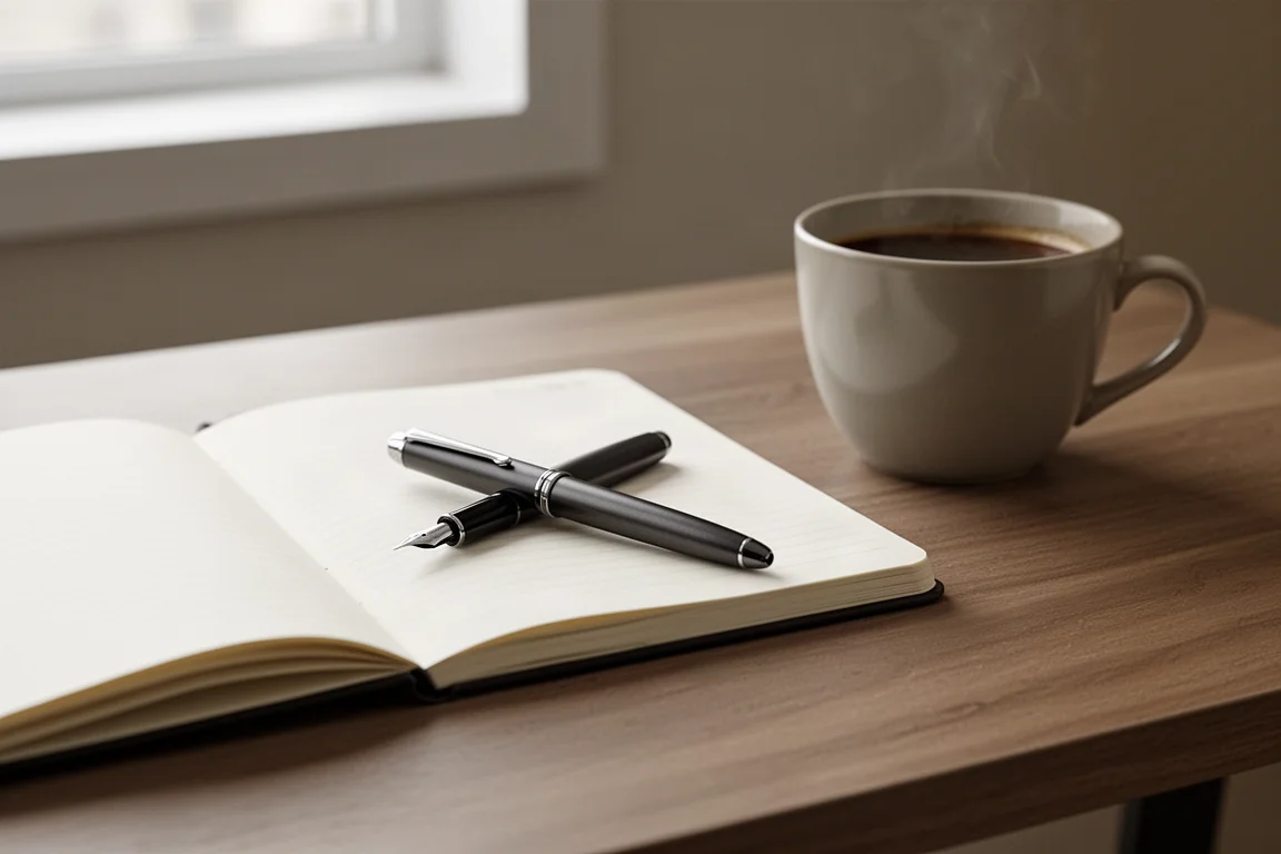 Stylo-plume posé sur un bureau à côté d'un carnet ouvert dans un cadre de bureau