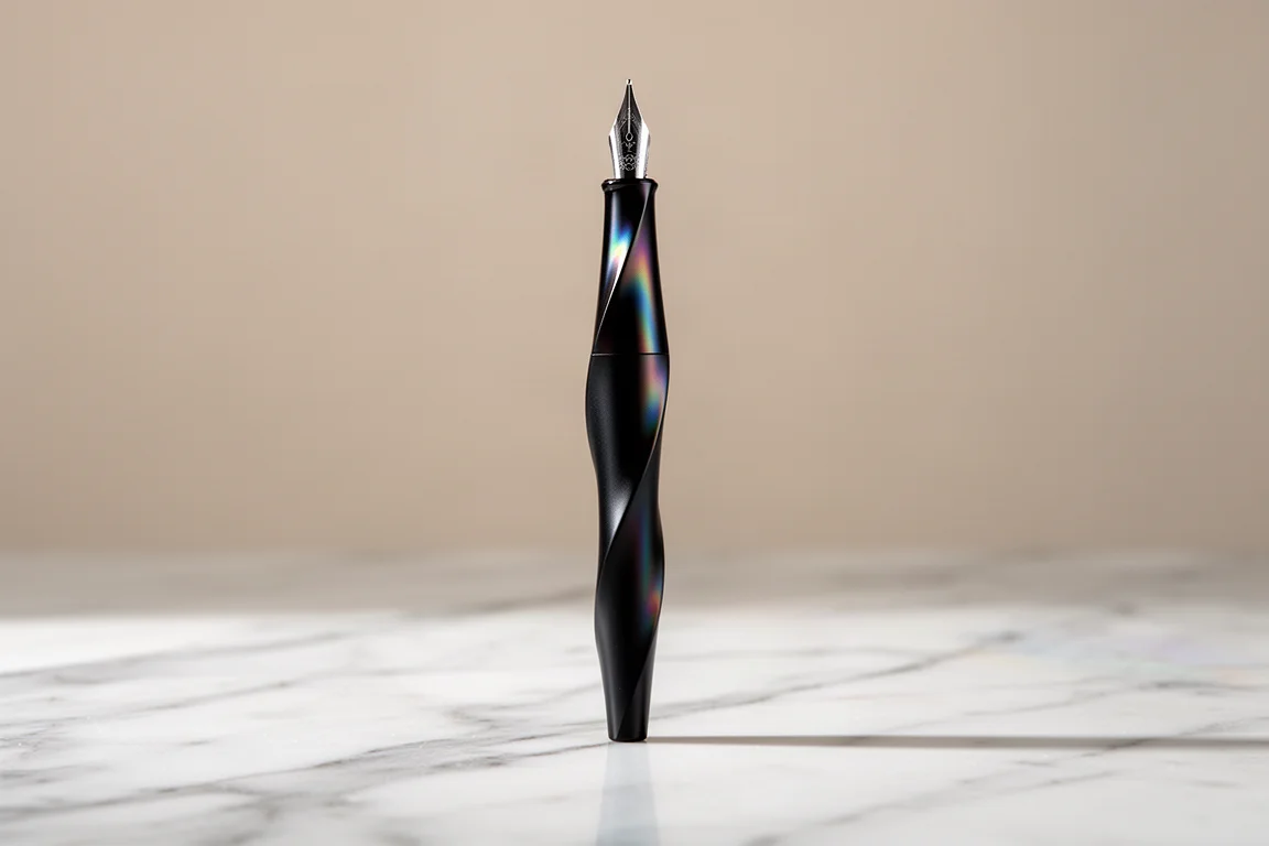 Stylo-plume noir mat sculptural debout sur une surface en marbre