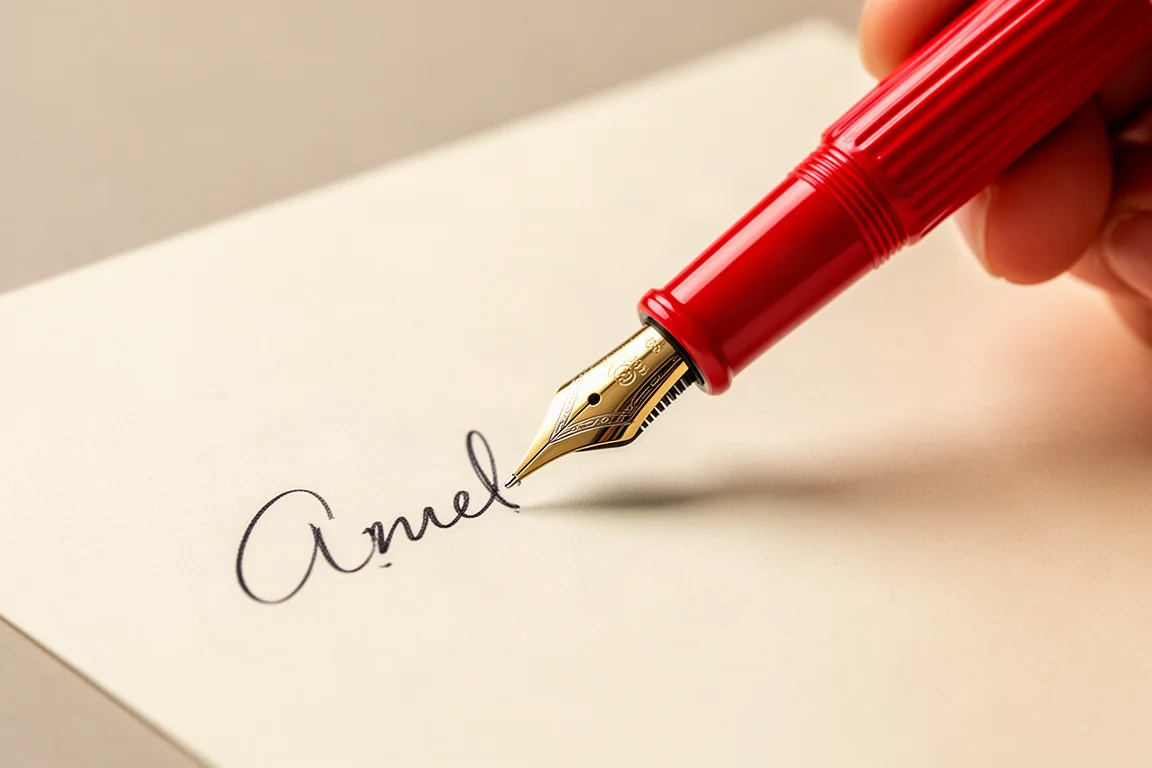 Signature avec un stylo-plume rouge brillant sur papier épais