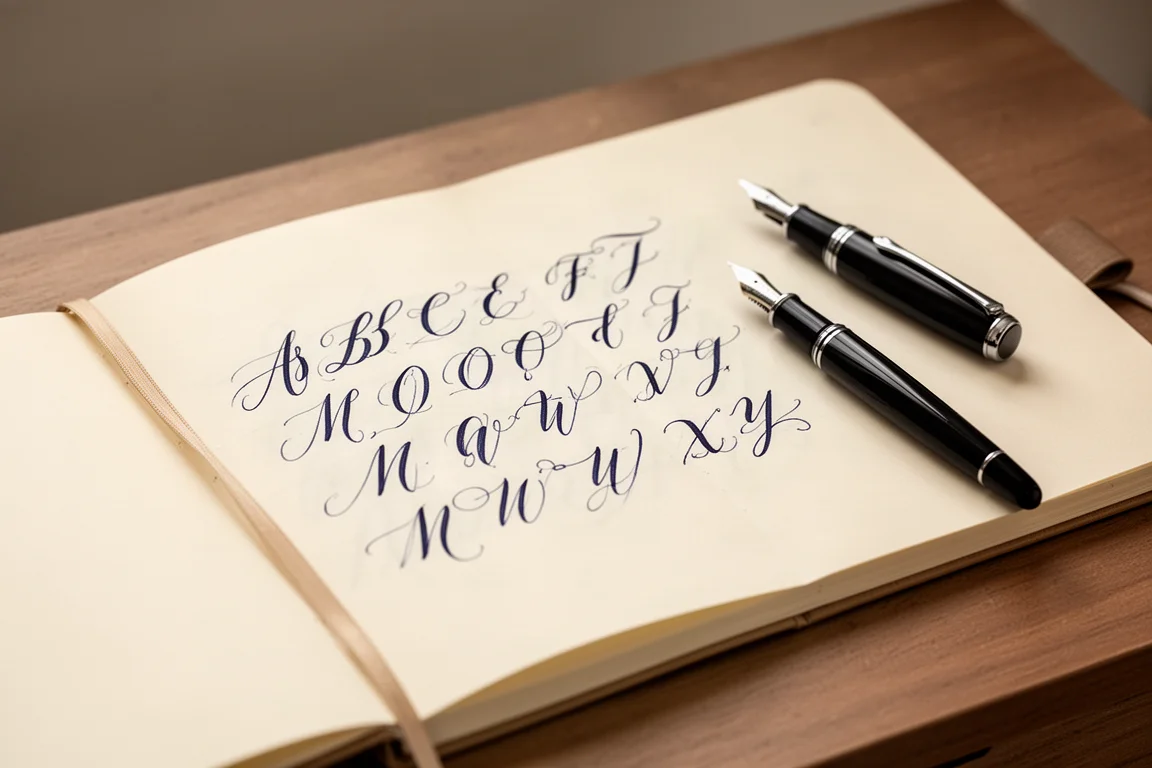 Taccuino aperto con esercizi di calligrafia scritti con inchiostro blu scuro accanto a una penna stilografica
