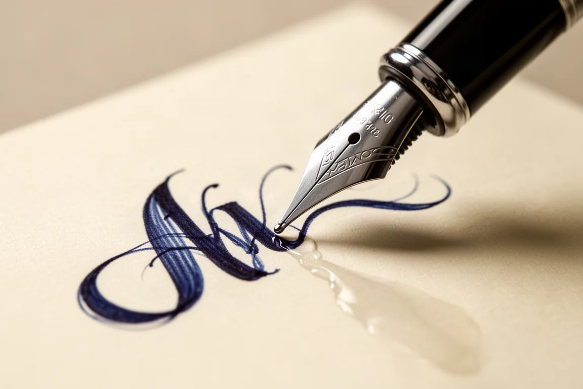 Primo piano di un pennino flessibile che produce drammatici tratti calligrafici spessi e sottili sulla carta