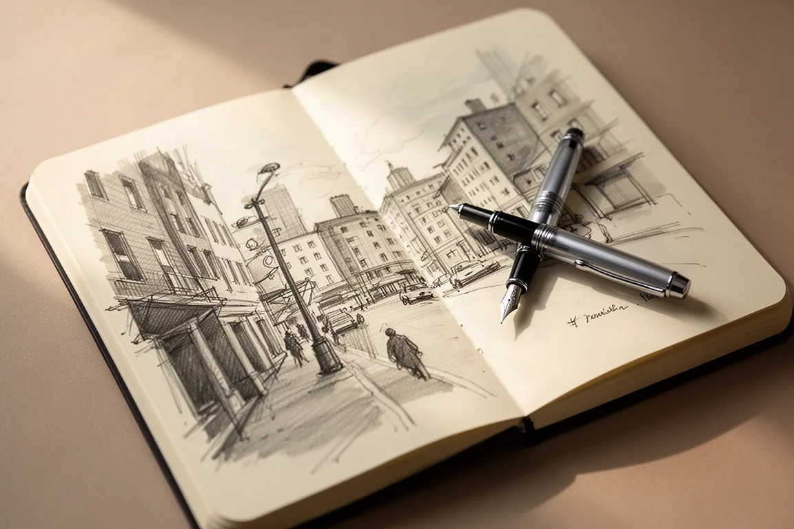 Una mano che schizza un rapido disegno urbano con una penna stilografica in uno sketchbook