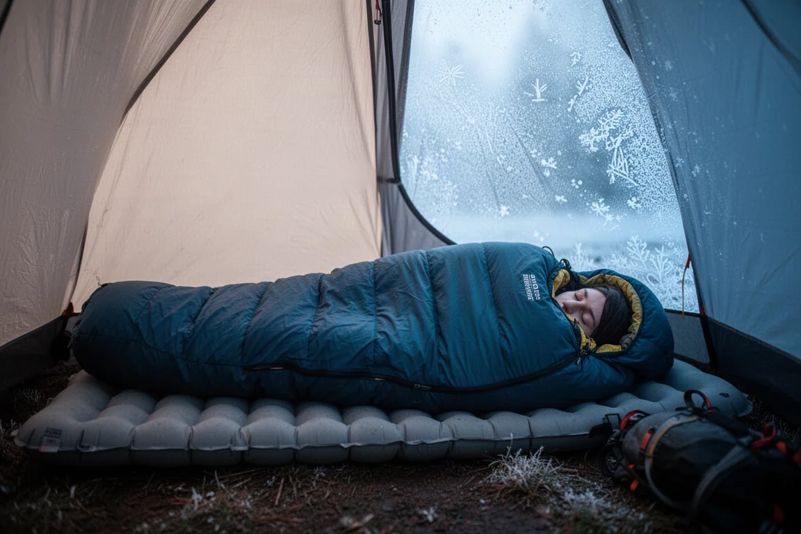 Backpacker schläft an einem kalten Morgen in einem Zelt