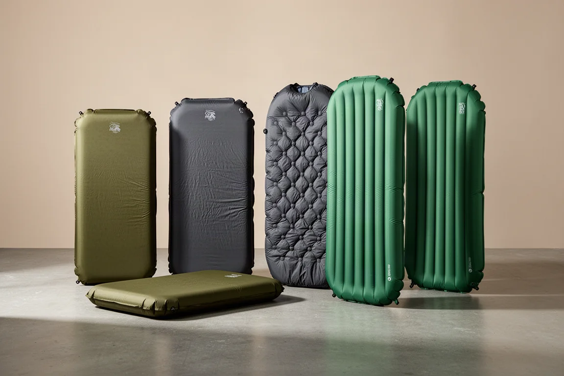 Five backpacking sleeping pads arranged on a concrete surface