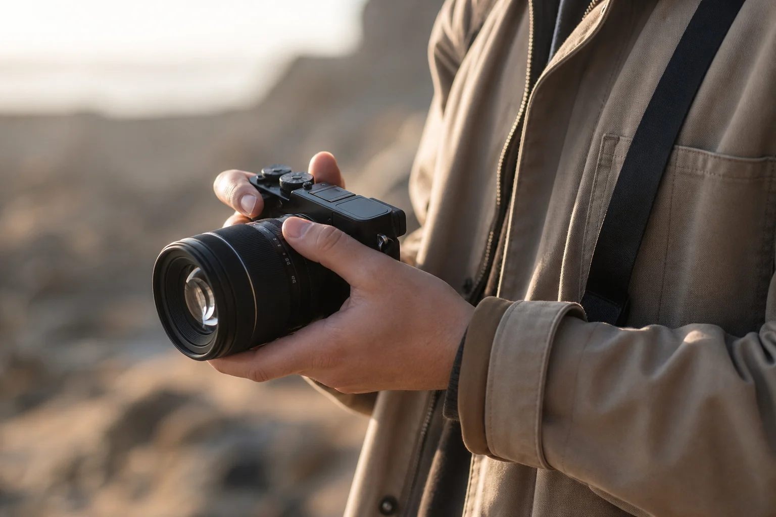 Filmmaker holding compact mirrorless camera in outdoor natural light