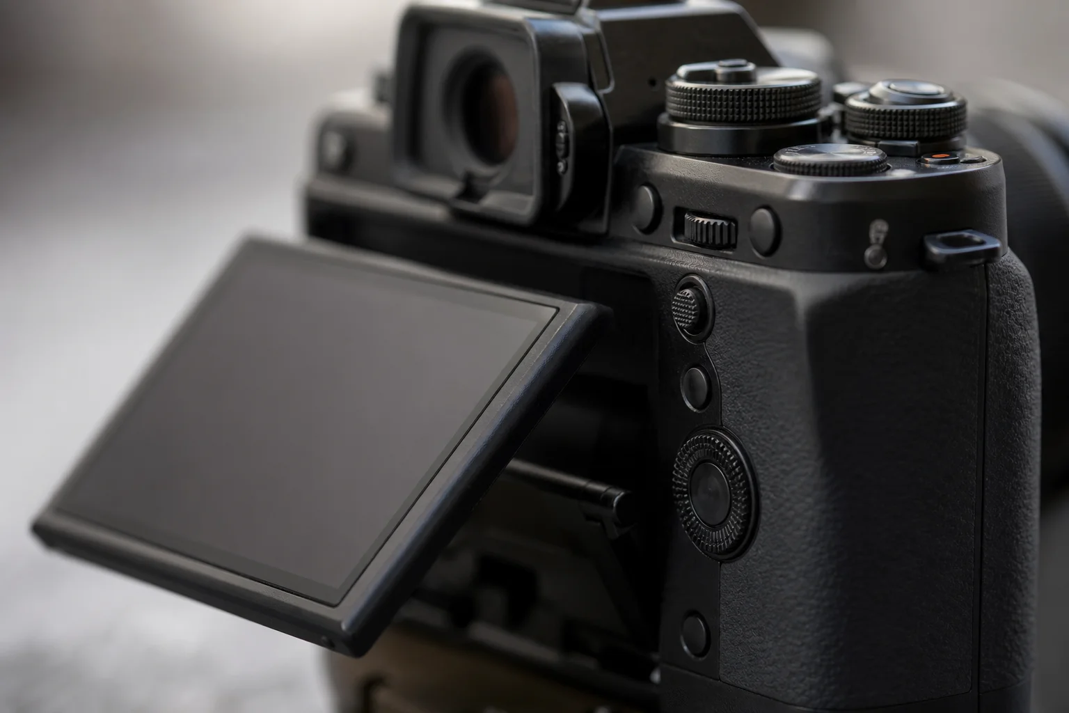 Close-up of camera flip screen and control dials in studio