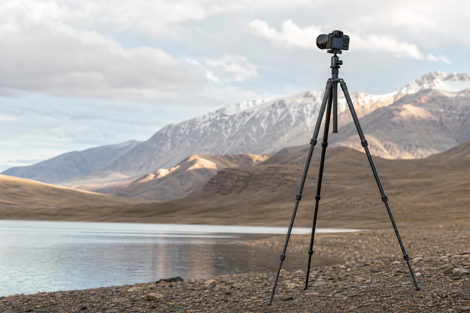 Tripod with camera mounted in outdoor landscape environment
