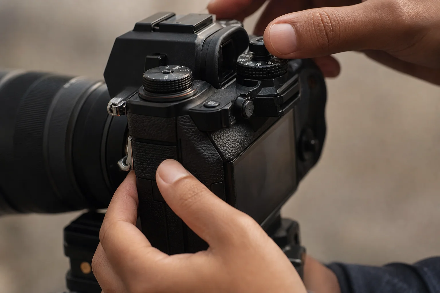 Filmmaker adjusting camera settings and controls during video shoot