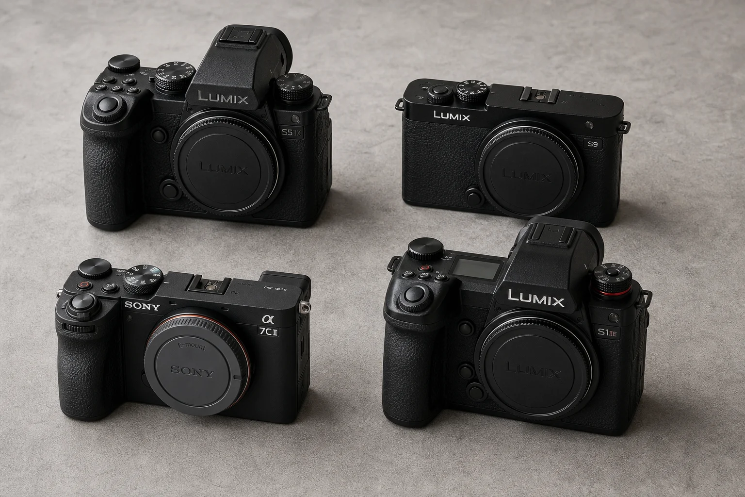 Four full-frame mirrorless cameras arranged on concrete surface
