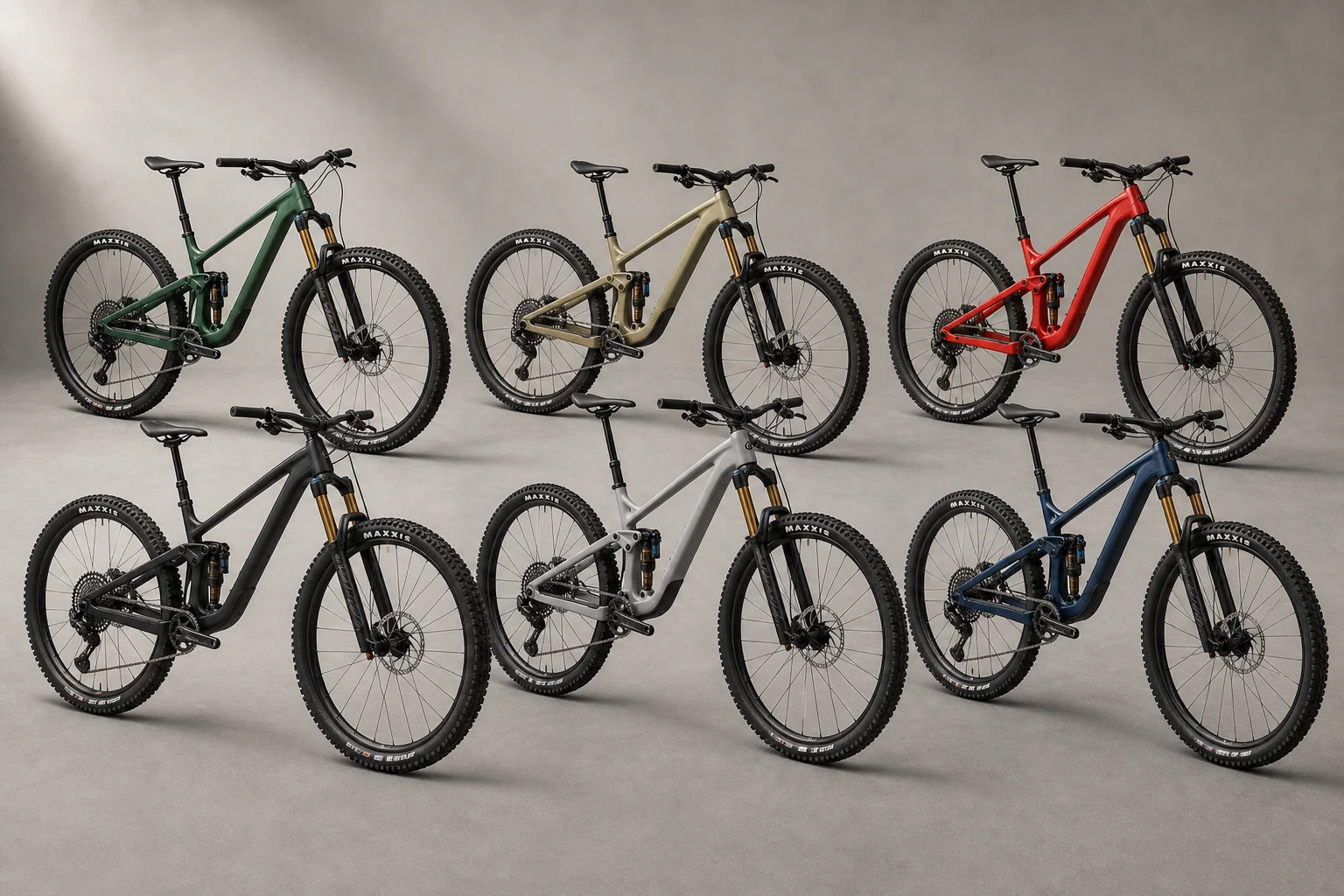 Sei mountain bike full suspension disposte su una superficie grigia