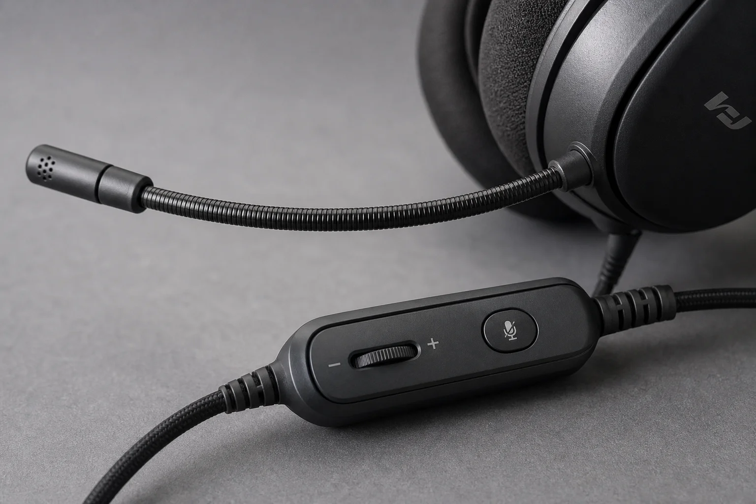 Close-up of gaming headset microphone boom and control unit on cable