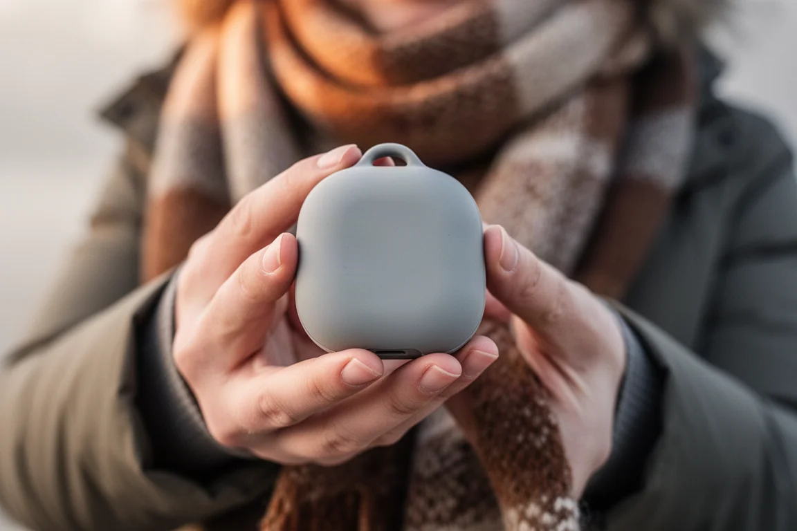 Persoon houdt een kleine ronde handwarmer tussen de handen buiten bij koud weer