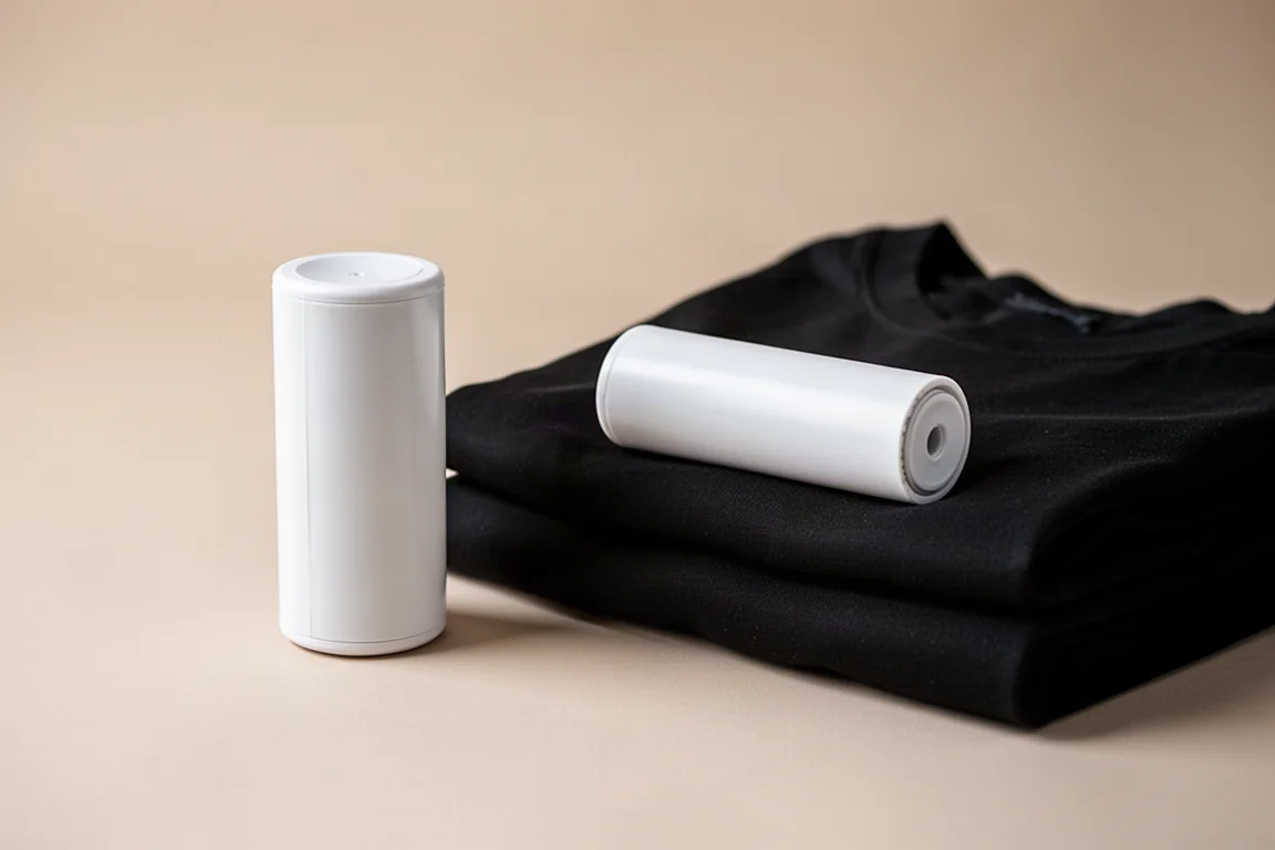 Compacte reis-pluisroller naast een stapel keurig gevouwen zwarte kleding