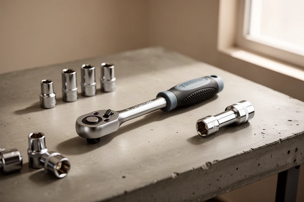 Composite-handle ratchet resting on a concrete workbench with sockets nearby
