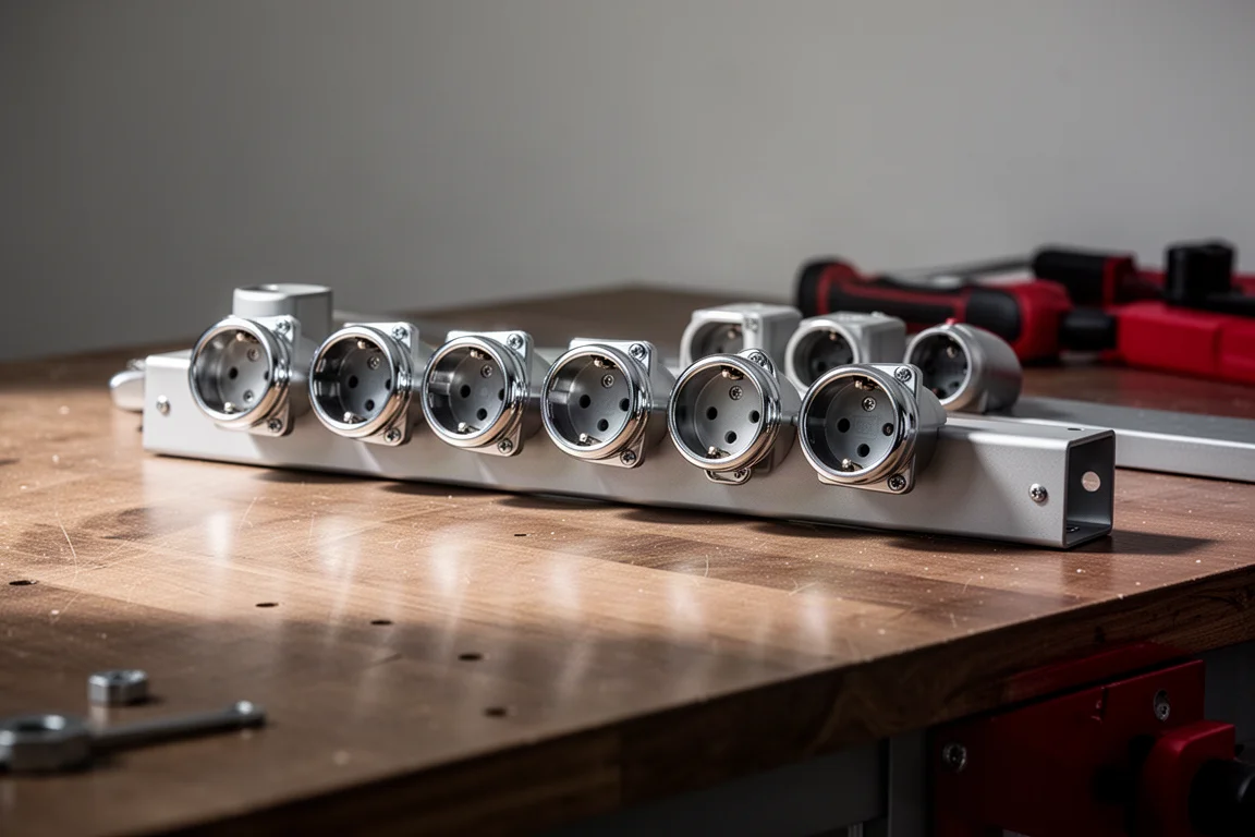 Socket rail with chrome sockets laid out on a wooden workbench