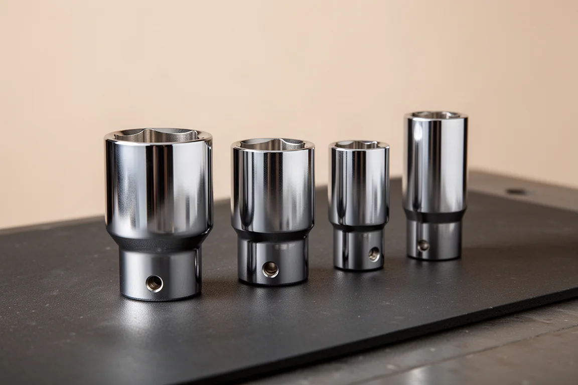 Chrome deep sockets arranged in size order on a dark workshop surface