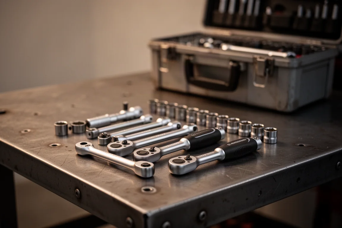 Slim compact ratchet set laid out in a garage workspace at dusk