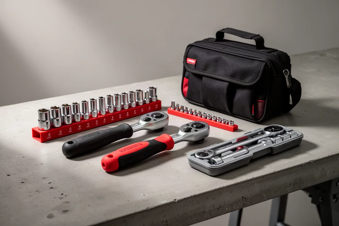 Assortment of budget hand tools including ratchets, sockets and a tool bag on a workbench