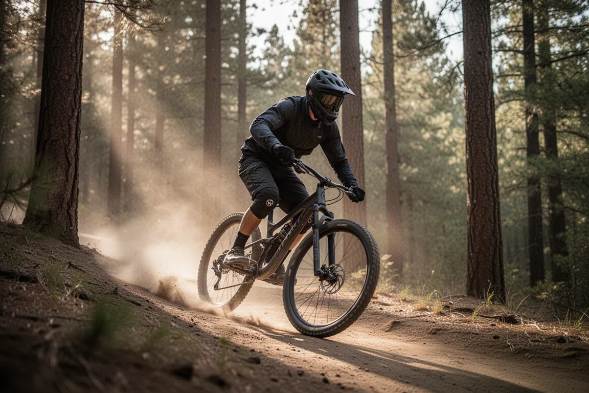 Ciclista de montaña tomando una curva en un sendero forestal polvoriento con luz baja de tarde