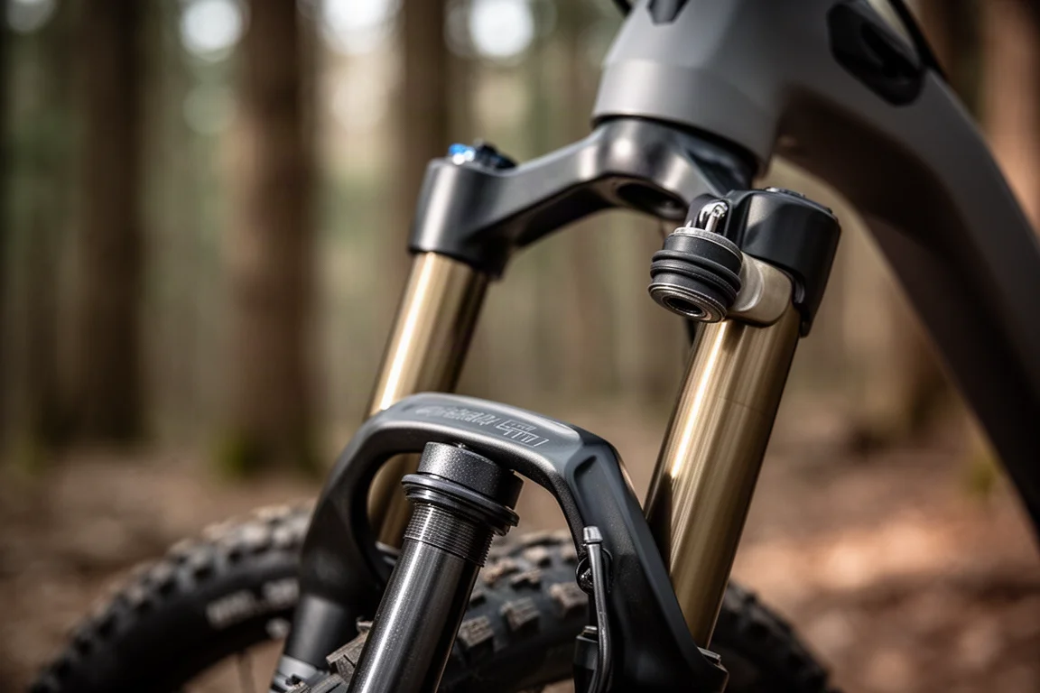 Primer plano de la corona de una horquilla de suspensión de mountain bike, barra y eje pasante
