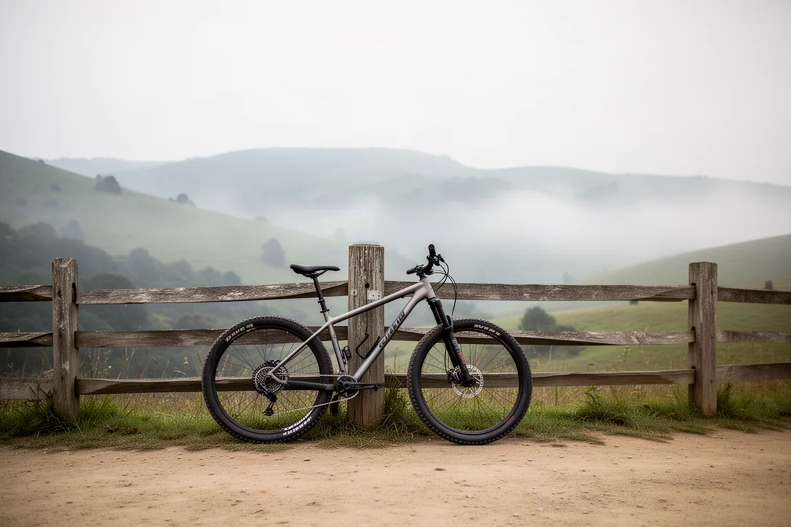 Bicicleta de montaña hardtail apoyada en un poste de cerca en un inicio de sendero con niebla