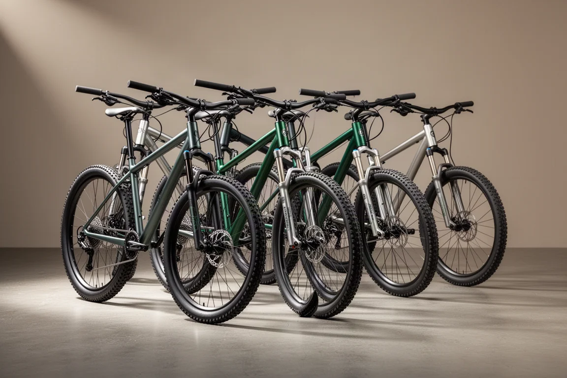 Cinq VTT semi-rigides alignés sur un sol en béton sous un éclairage de studio doux